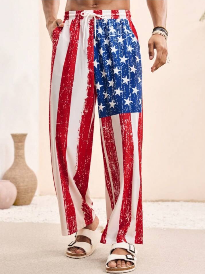 WILDFASHION Men's USA Flag Drawstring Pocket Lounge Pant